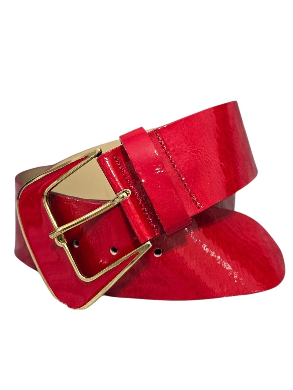 Vintage Twiggy Firenze Red Patent Leather Wide Belt Gold Buckle